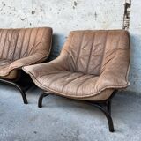 Sofa set with 2 armchairs and coffee table in banbou and leather 1970