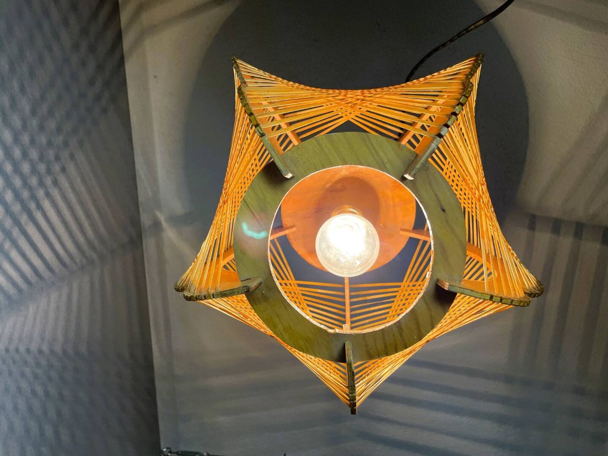 Portuguese mid century wood and straw wooden pendant lamp, 1960s