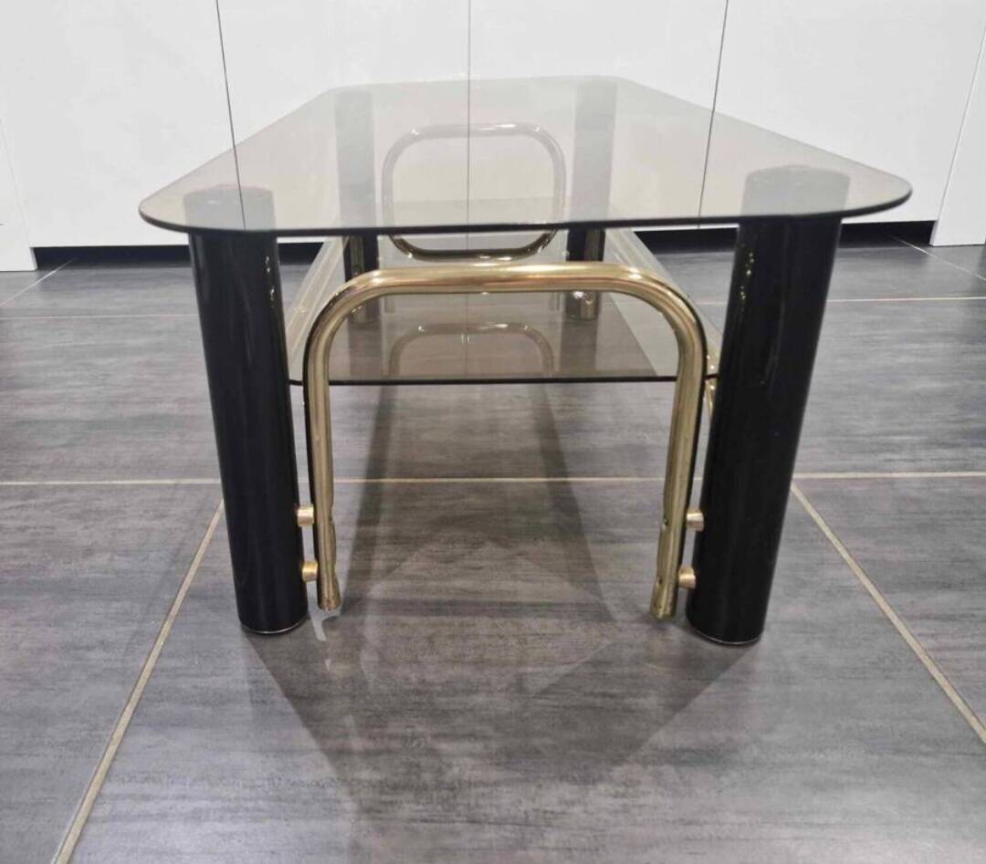 Vintage coffee table in gold metal and smoked glass, 1970s