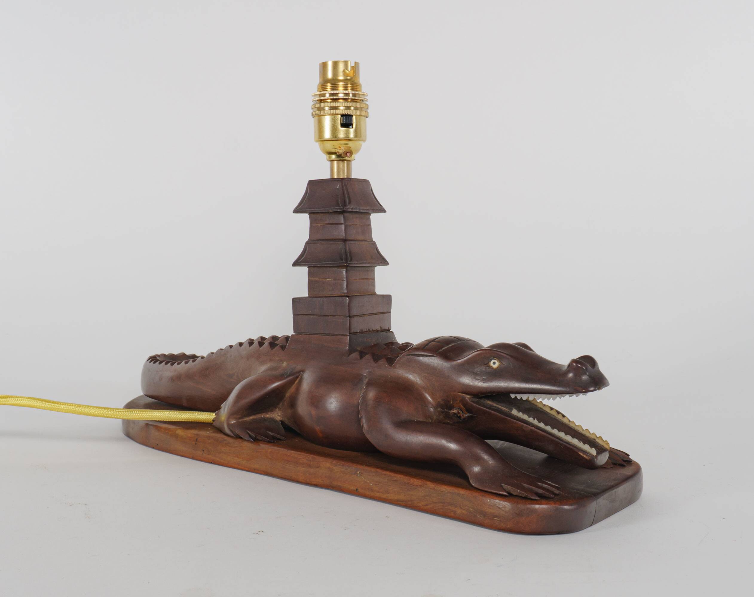 Vintage 1950s Carved Wooden Mahogany Crocodile Table Lamp