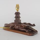 Vintage 1950s Carved Wooden Mahogany Crocodile Table Lamp