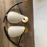 Opaline brass symmetrical and black horn-shaped laqué tube sconces