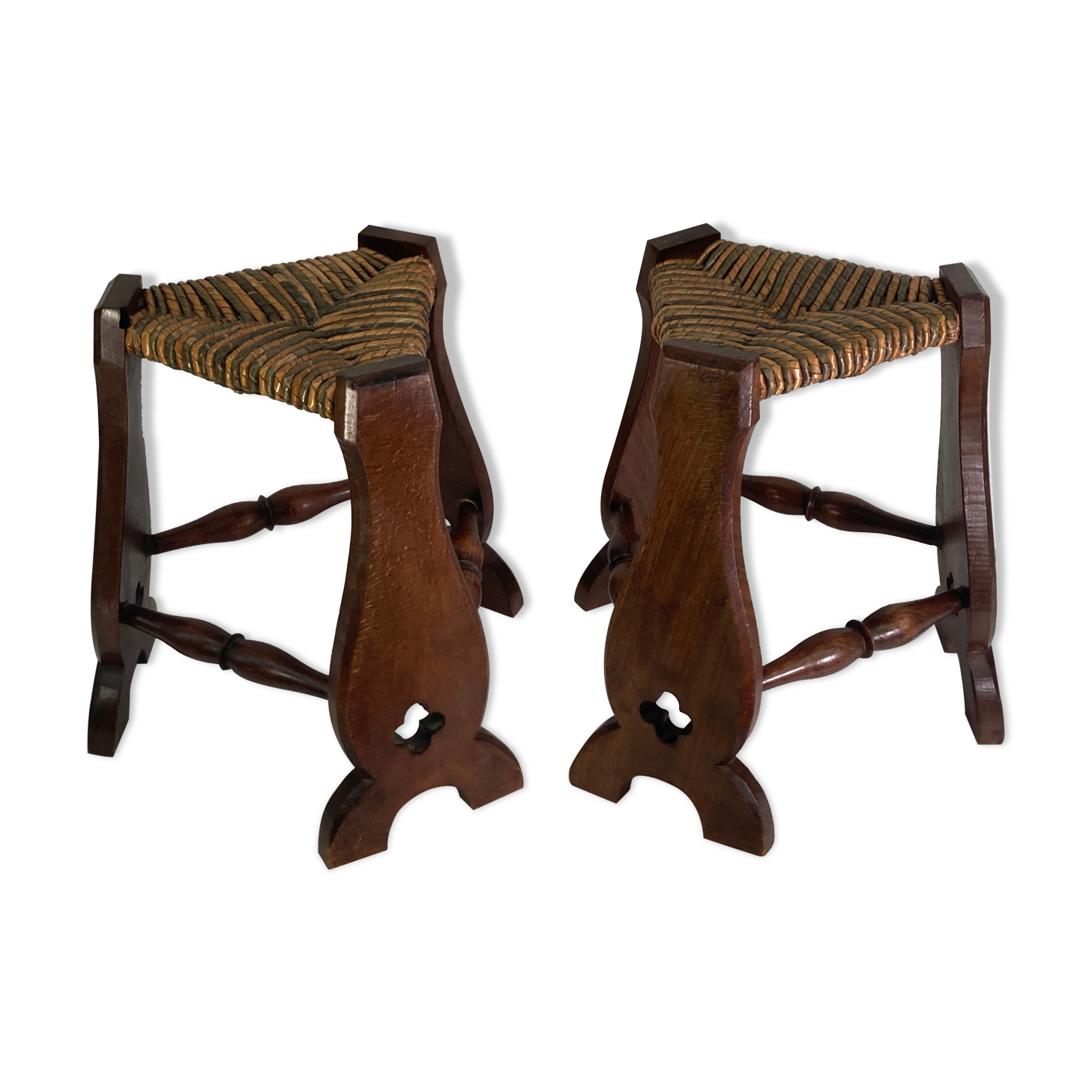 Pair of brutalist neo gothic rush oak tripod stools, France ca 1960s
