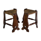 Pair of brutalist neo gothic rush oak tripod stools, France ca 1960s