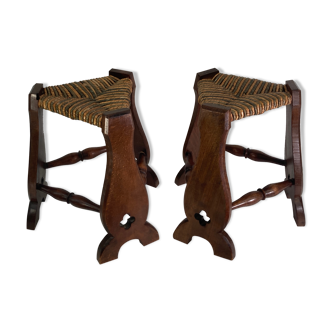 Pair of brutalist neo gothic rush oak tripod stools, France ca 1960s