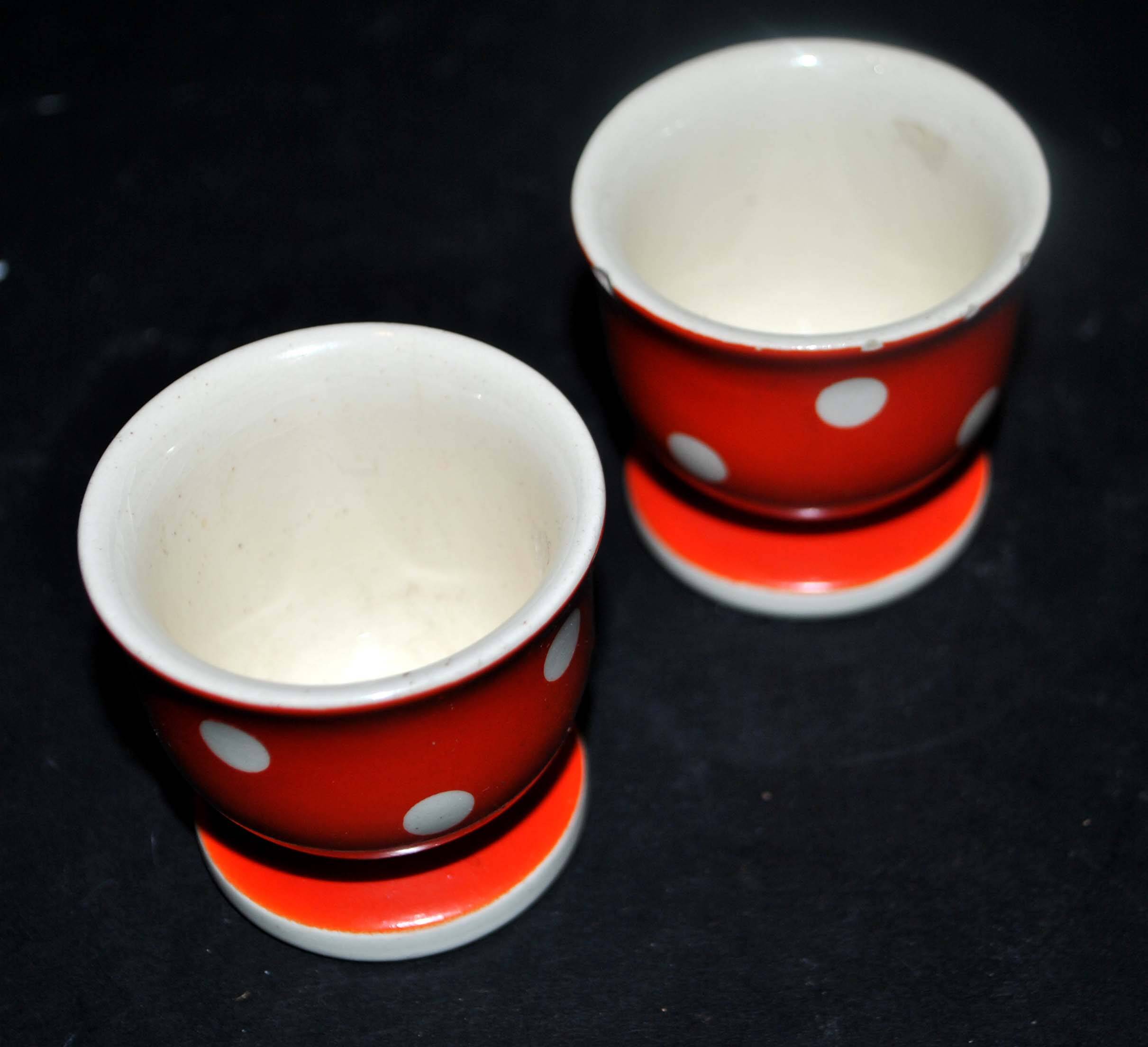 Set of 2 vintage egg cups in red earthenware with white polka dots 5cm