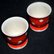 Set of 2 vintage egg cups in red earthenware with white polka dots 5cm