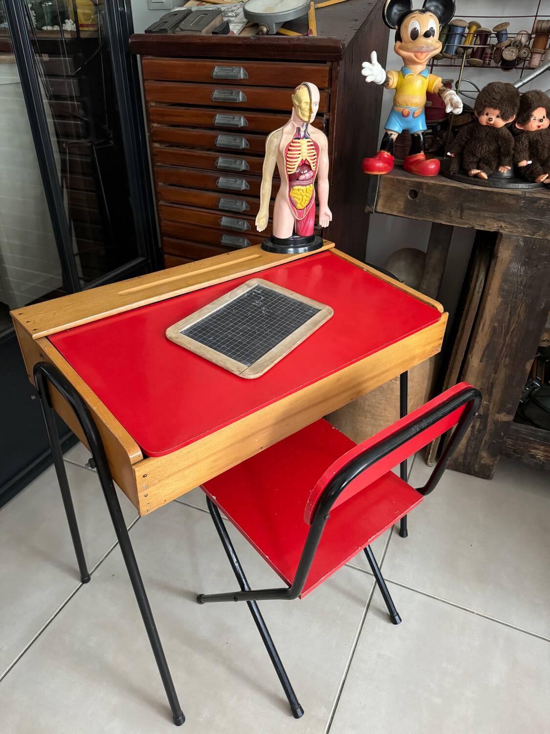 Vintage red children's desk and chair set