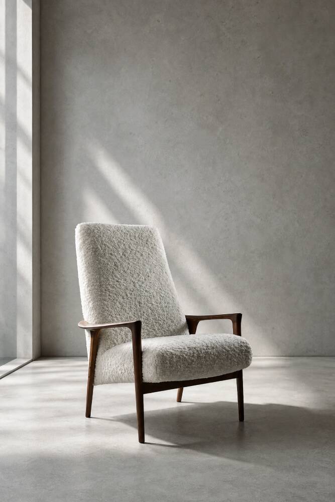 Vintage Mid-Century Scandinavian Modern White Boucle &Teak High Armchair