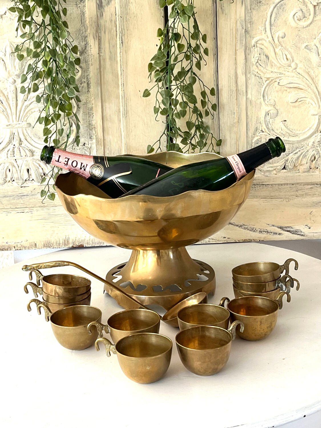 Brass Punch Bowl Set with 12 Cups, Ladle – French Vintage Mid-Century
