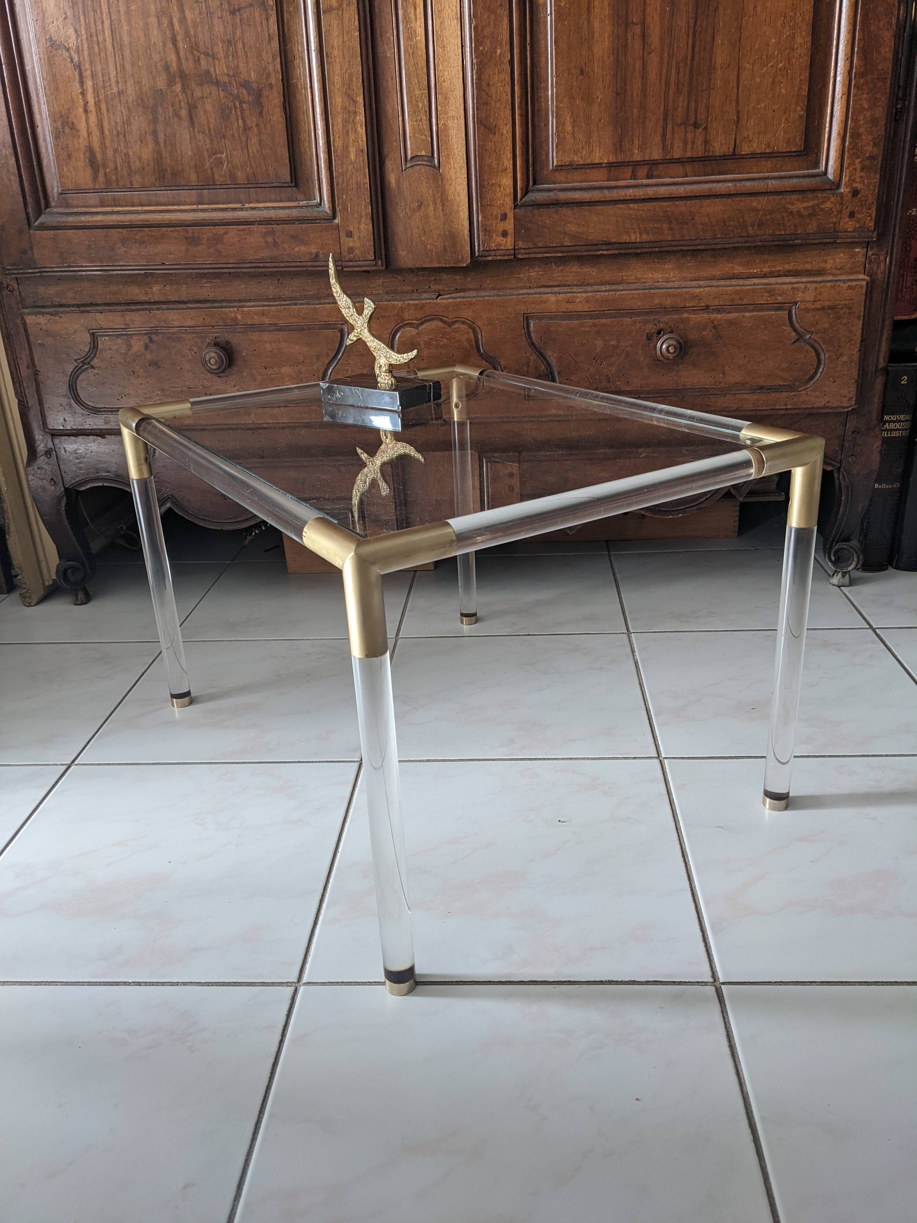 Vintage coffee table in plexiglass, glass and gold metal 1970