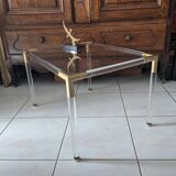 Table basse vintage en plexiglass, verre et métal doré 1970