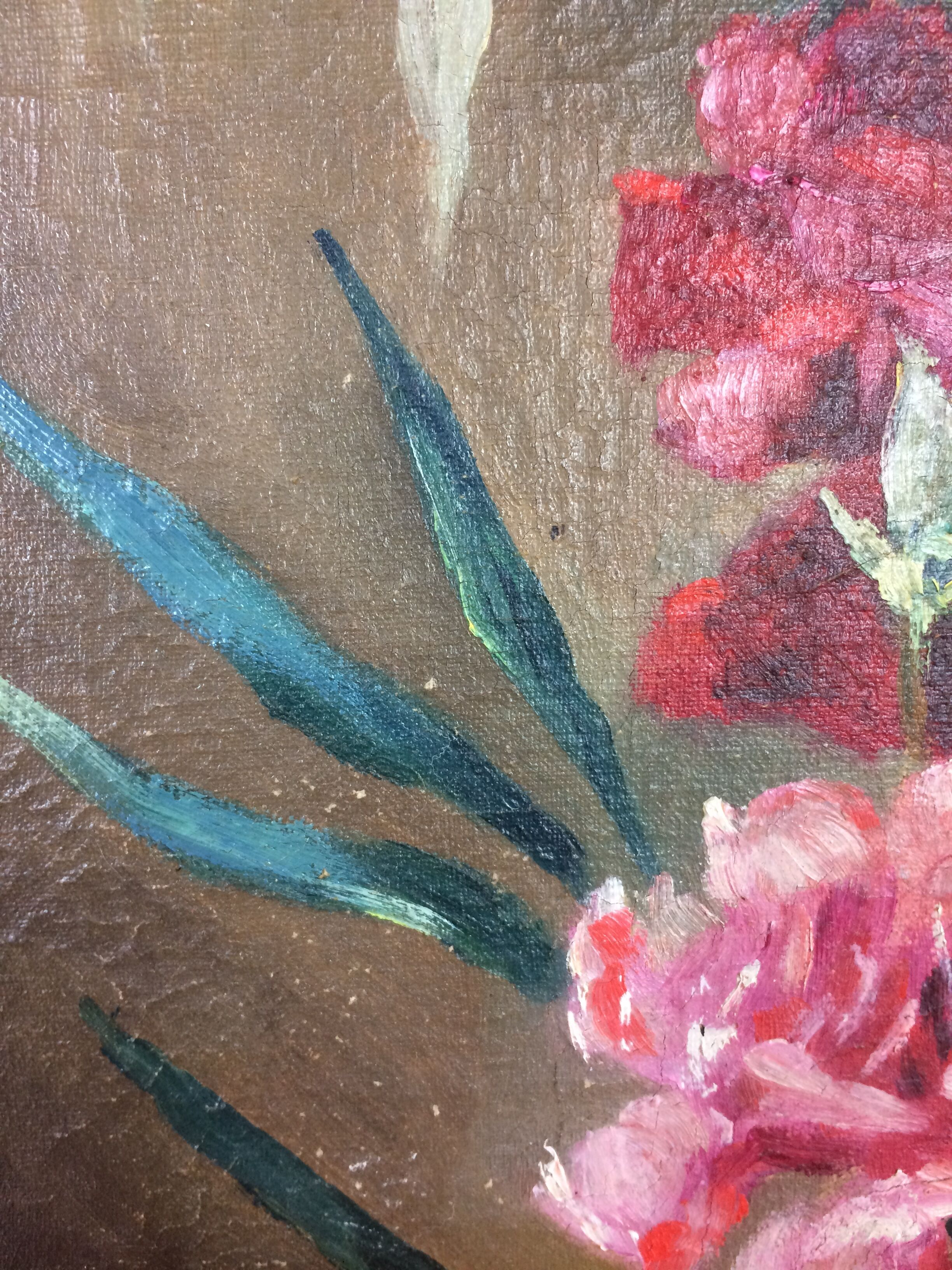 Suite of 2 old still lifes, painting on canvas, flowers