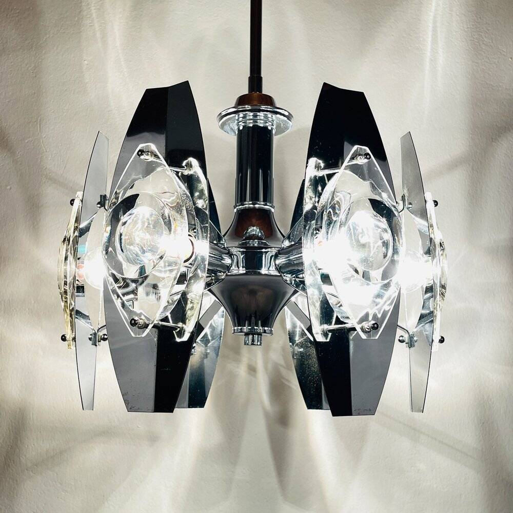 Chrome and glass lustre with lenses by Oscar Torlasco, Italy, 1960s.