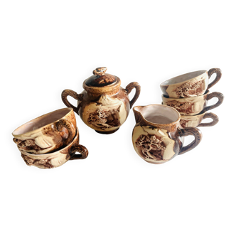 Banko Ware engraved tea set, hand carved ceramic. Temple.