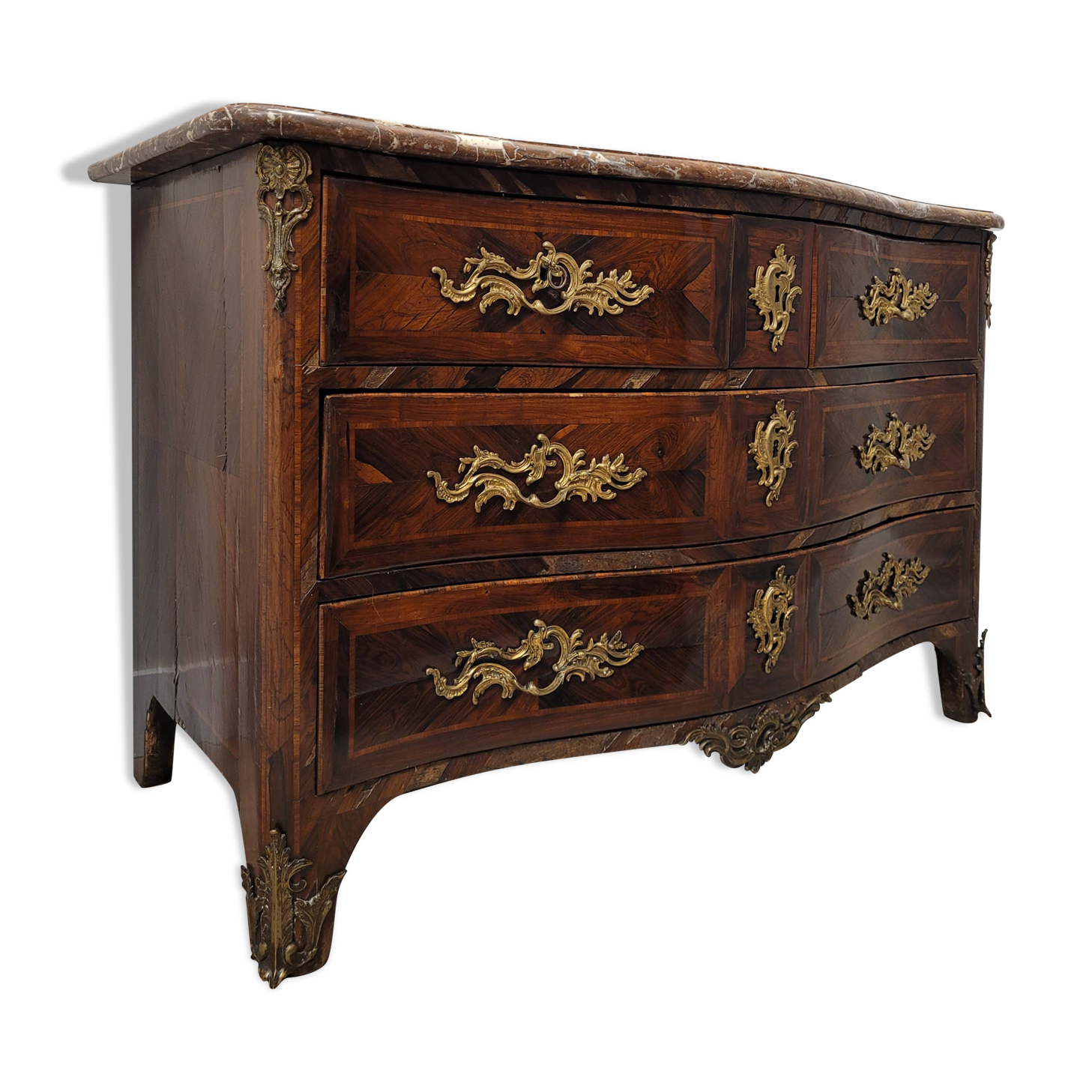 Cómoda Estilo Luis XV, Marquetería y marmol, Napoleón III, s. XIX – France