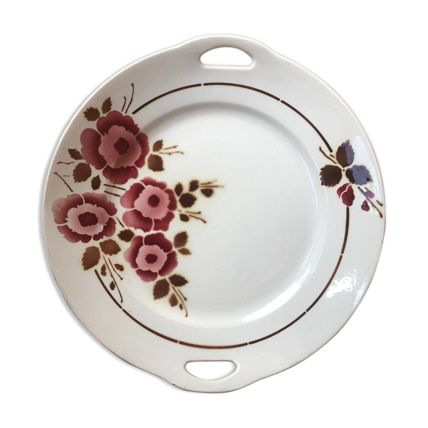 Cake dish with coves St Amand Very nice red and brown floral décor