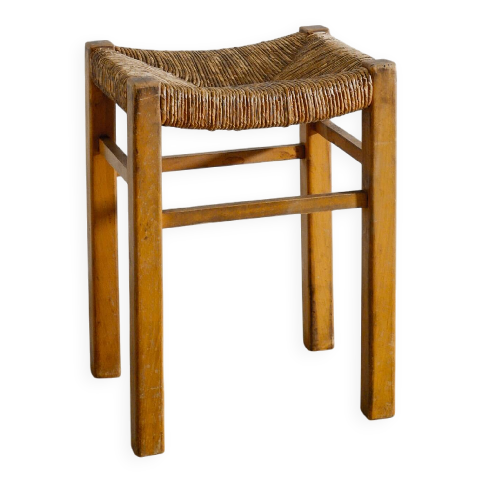 Vintage French Mid Century Wooden Four Legged Rattan Straw Stool, 1960s