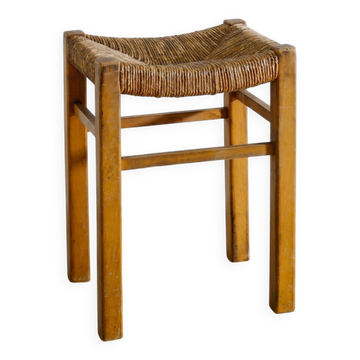 Vintage French Mid Century Wooden Four Legged Rattan Straw Stool, 1960s