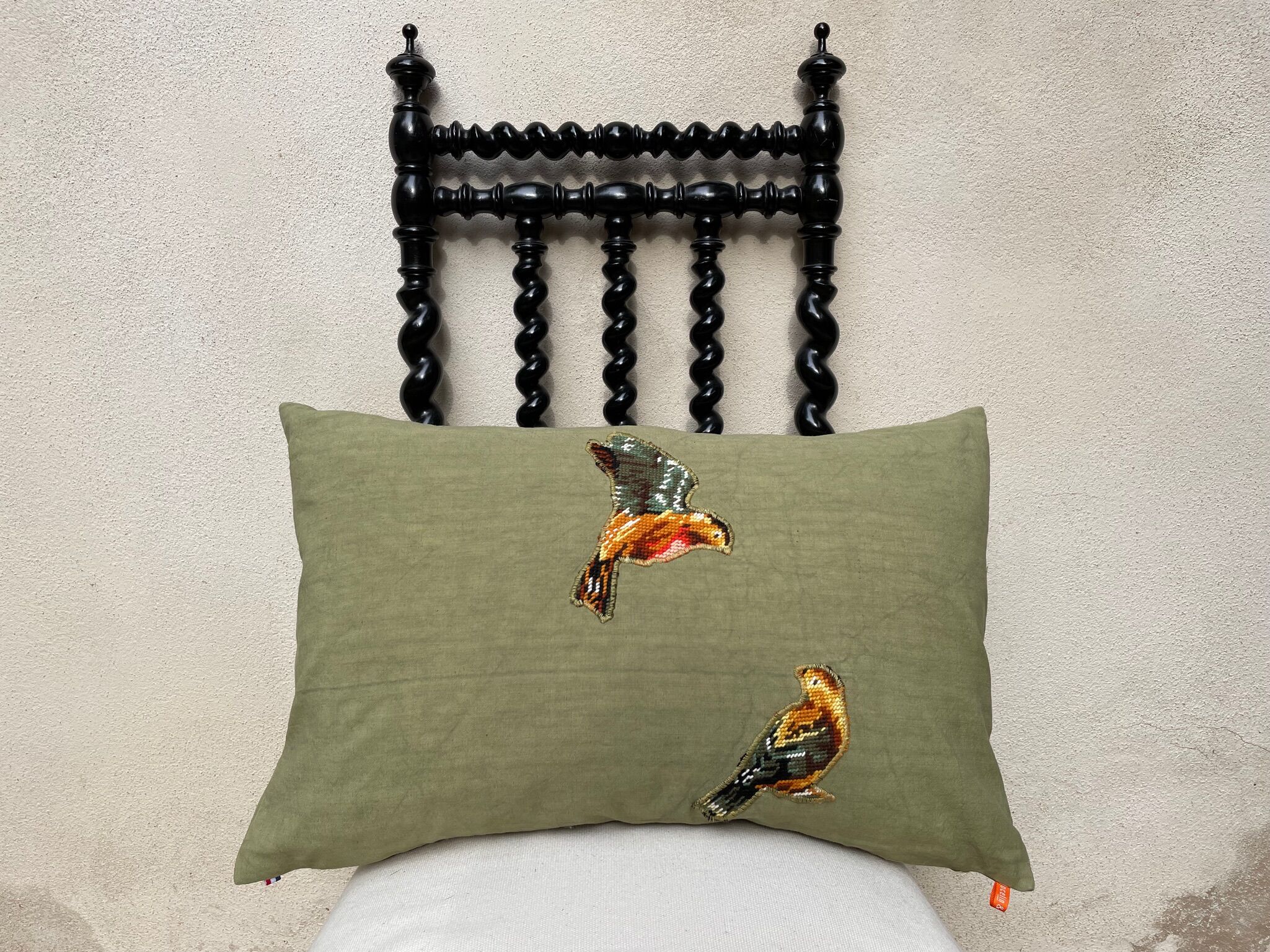 Upcycled cushion "les p'tits oiseaux" - 40x60 cm- linen & canvas