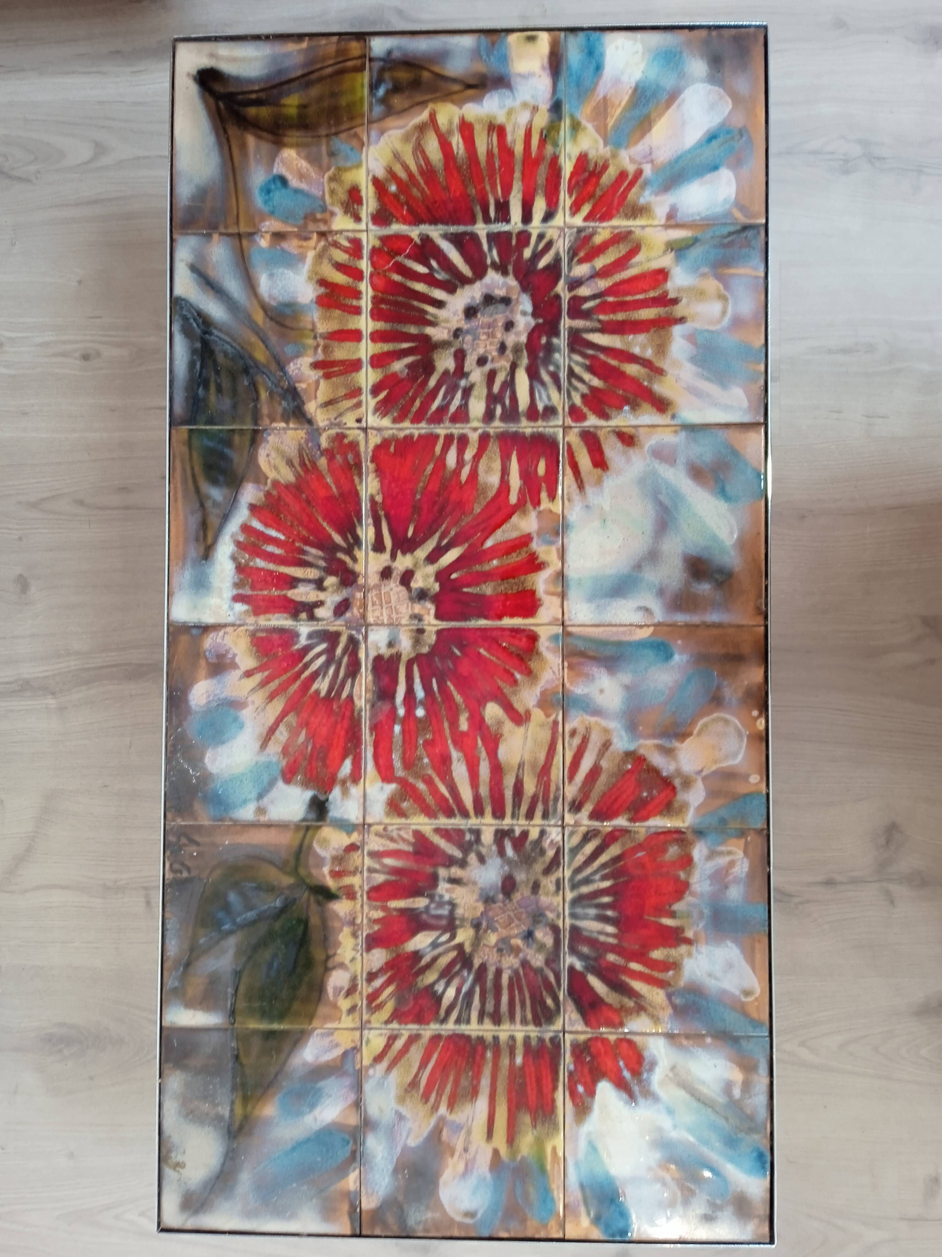 Vintage coffee table metal chrome annes 70 painted ceramic sign vallauris la grange