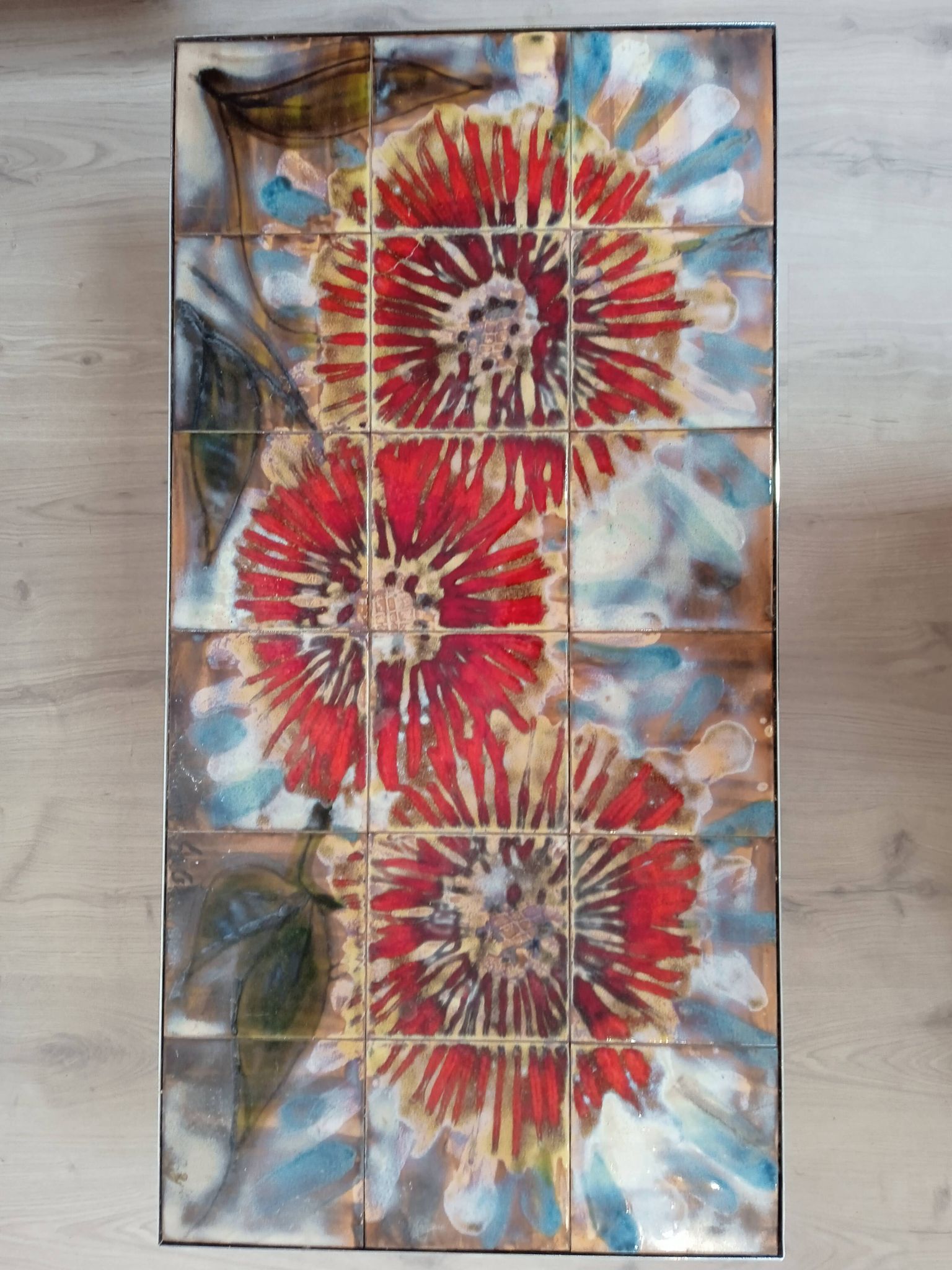 Vintage coffee table metal chrome annes 70 painted ceramic sign vallauris la grange