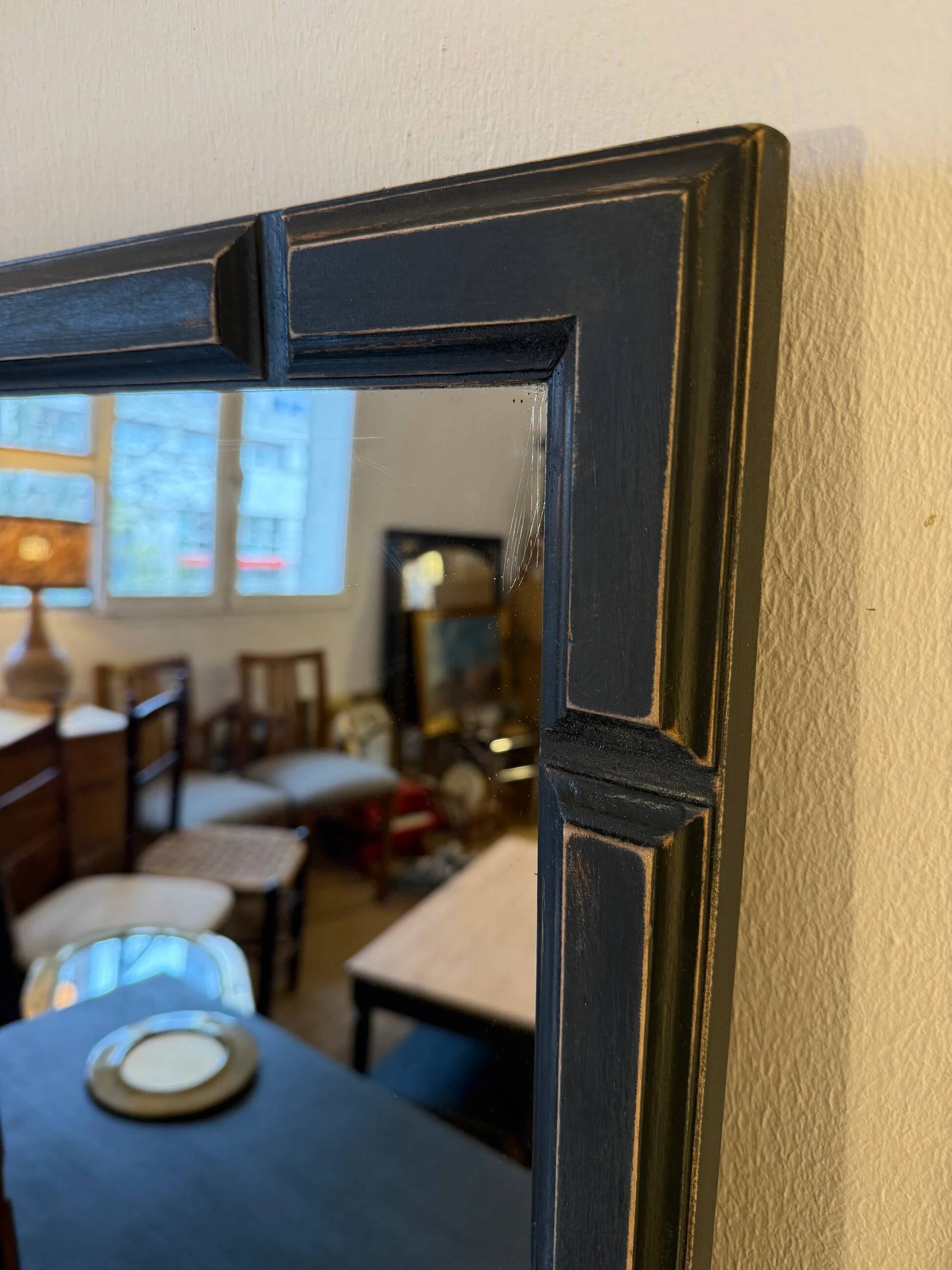 Patinated black rectangular wooden mirror