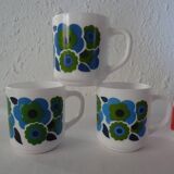 6 MUGS vintage flowers LOTUS 562112 Arcopal FRANCE orange blue