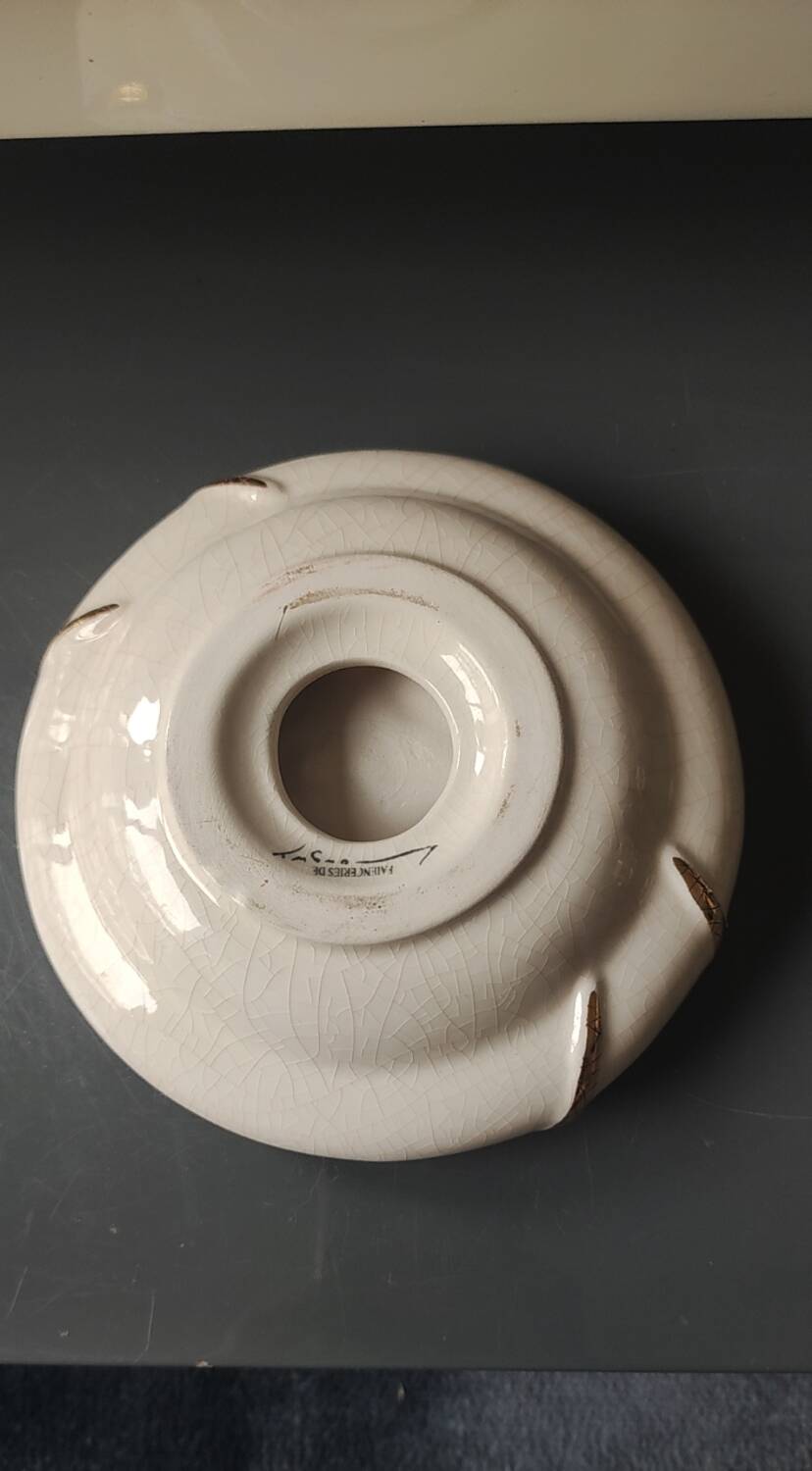 Round beige ashtray in crackled earthenware from Longwy/signed