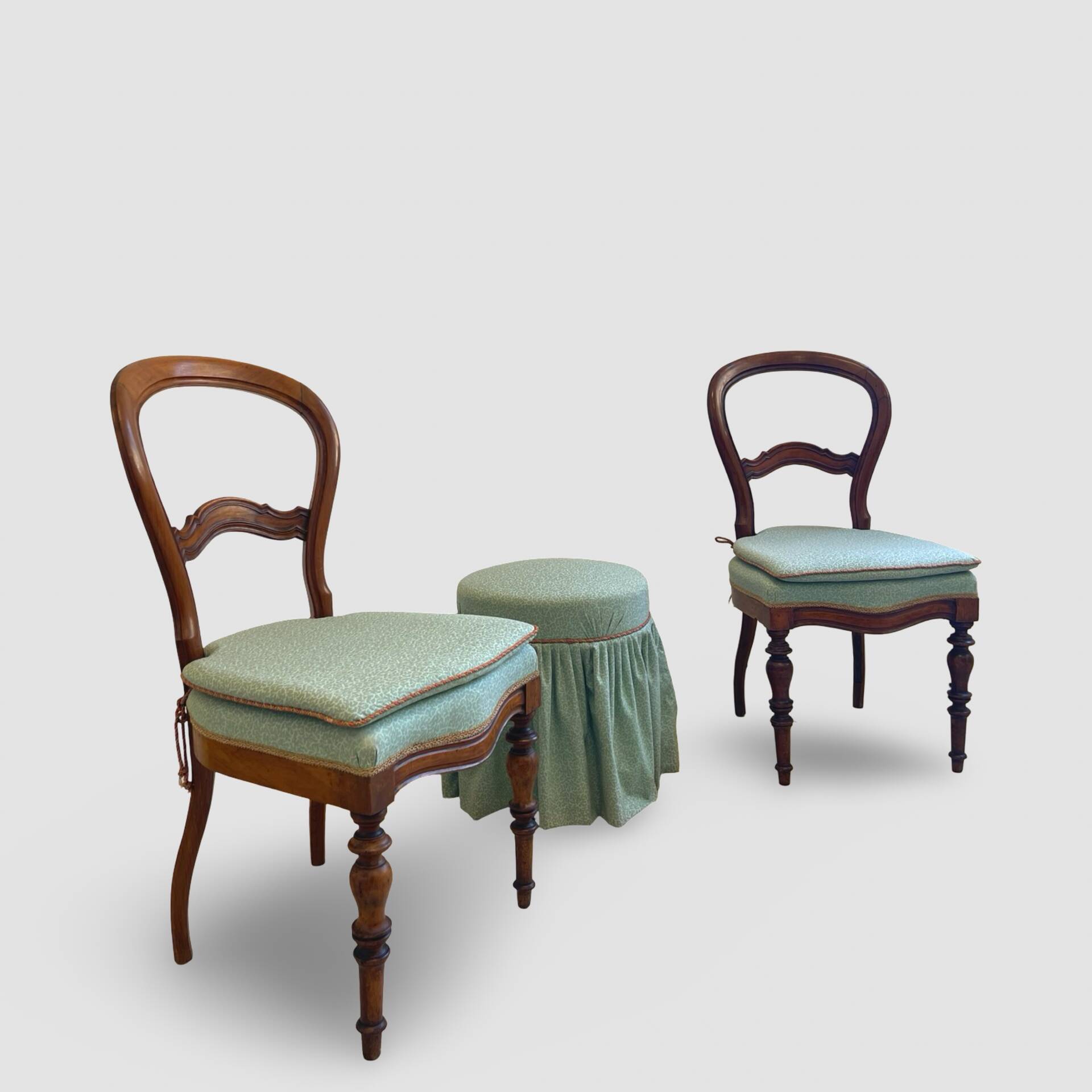 Antique Victorian era ballon back chairs and stool