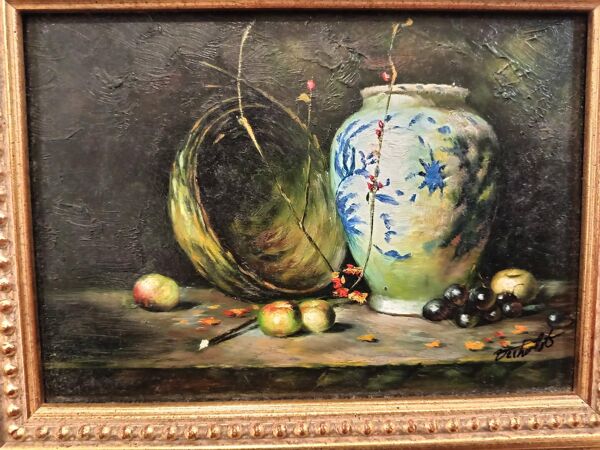 Petite huile sur panneau , nature morte début XXe.