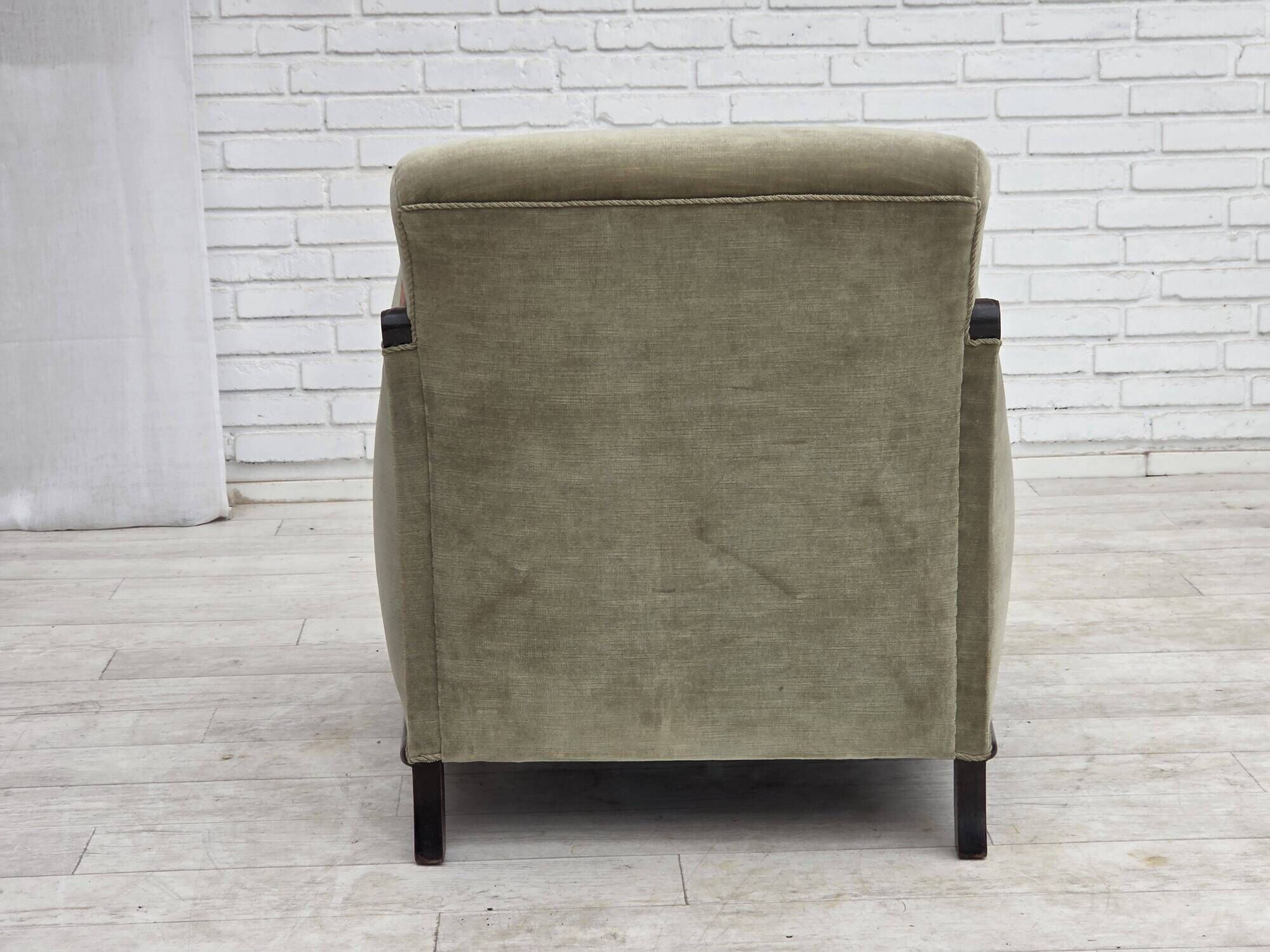 1950s, Danish relax armchair, furniture velour, carved oak wood.