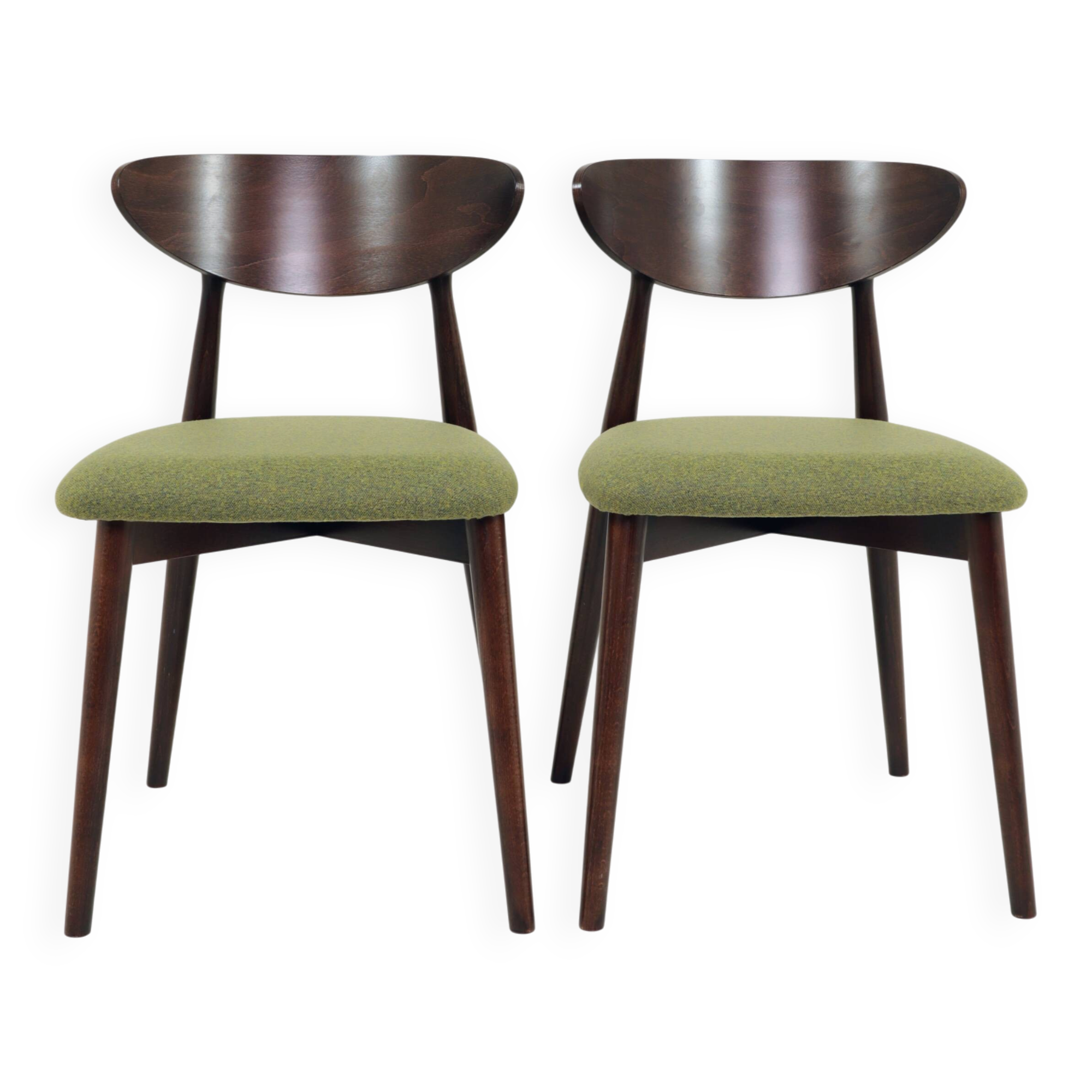 Modern Set of 2 Dining Chairs, Avocado Green Bouclè and Dark Wood