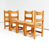 1970’s set of chairs in pine wood with straw seat