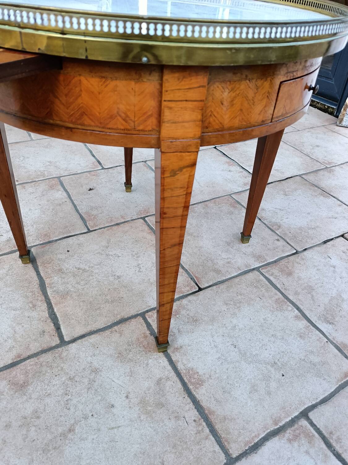 Antique Louis XVI style hot water bottle table with marble top
