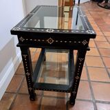 Table basse syrienne en bois, verre et incrustations de nacre