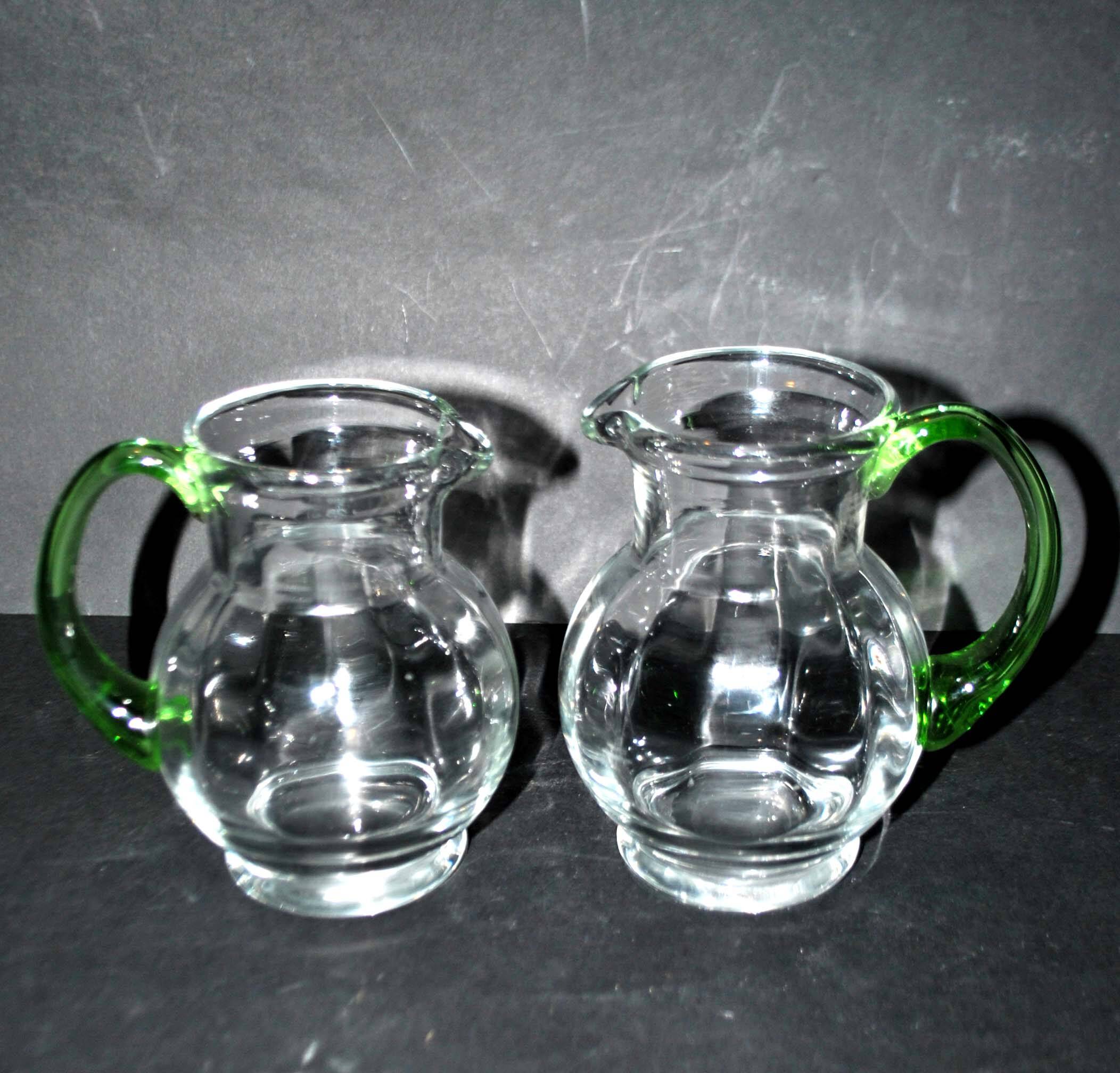 Set of 2 small blown glass wine pitchers - vintage green Alsatian balloon pitcher