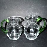 Set of 2 small blown glass wine pitchers - vintage green Alsatian balloon pitcher