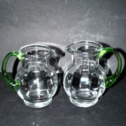 Set of 2 small blown glass wine pitchers - vintage green Alsatian balloon pitcher