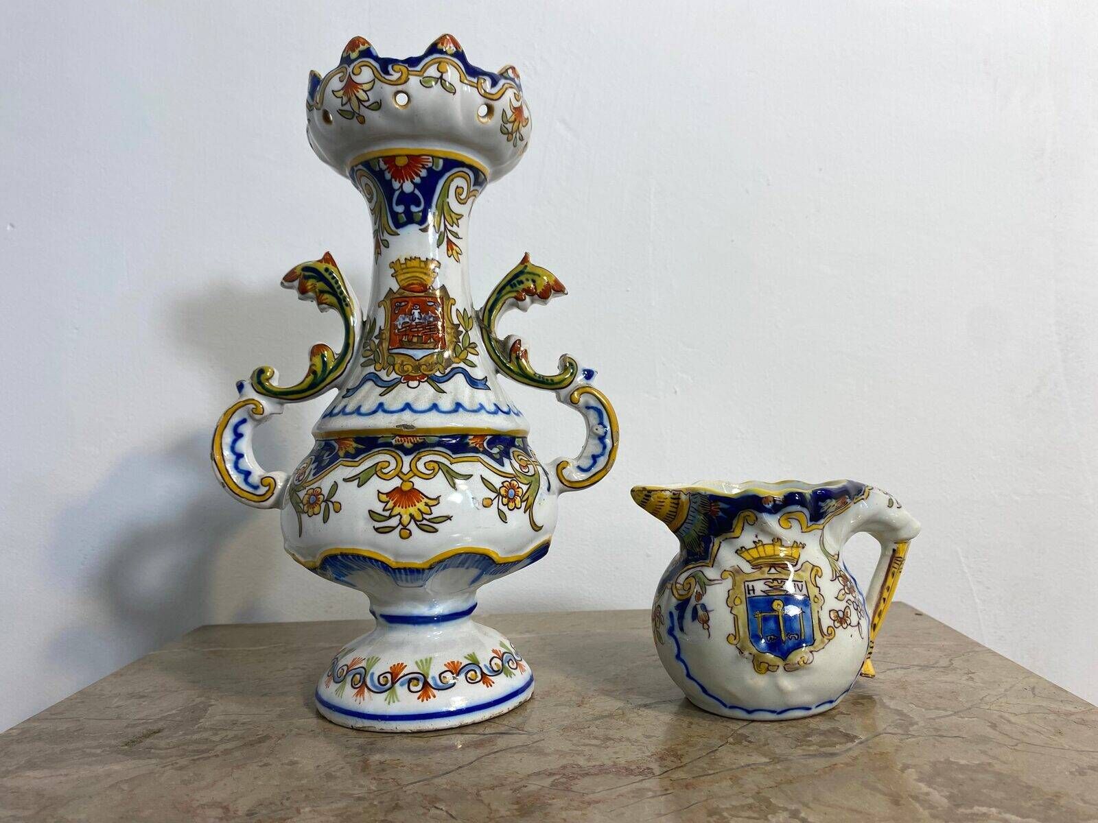 Small antique jug in faience from Les Sables d'Olonne, hand-painted.