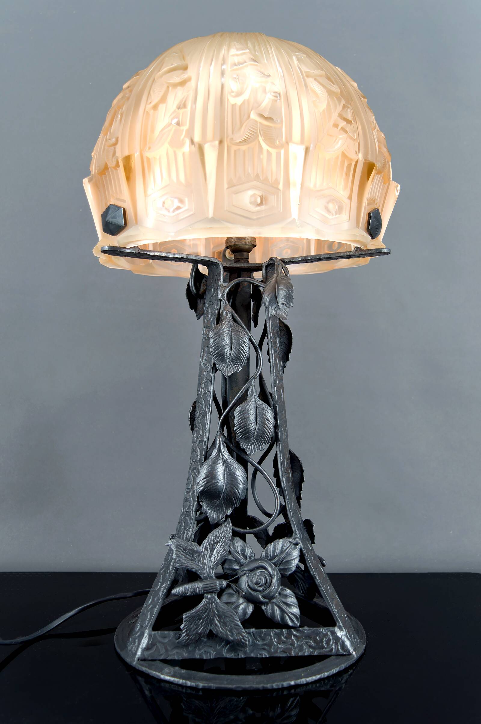 Important Art Deco Wrought Iron Lamp, by Bartelemie, France, Circa 1925