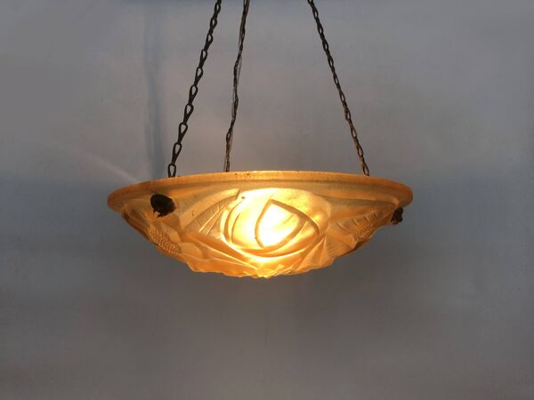 Ancien lustre degue, suspension vasque art déco 1 feu, en pâte de verre.