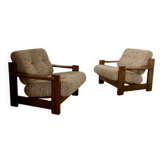 Lot of 2 solid elm armchairs, Maison Regain design, 70s vintage