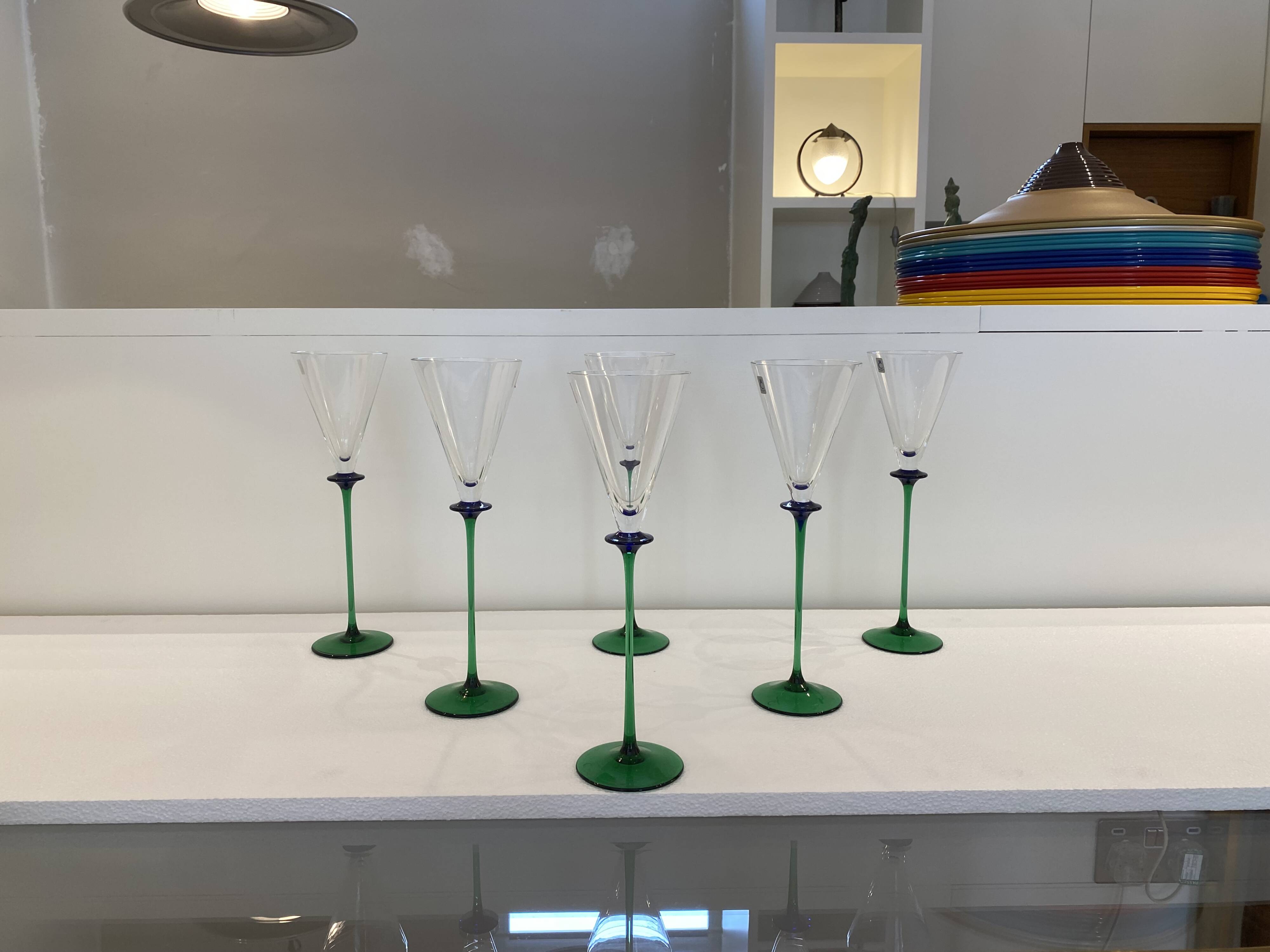 A Set of 6 Hand-blown Emerald Green Cobalt Blue Stem Champagne Flutes Art