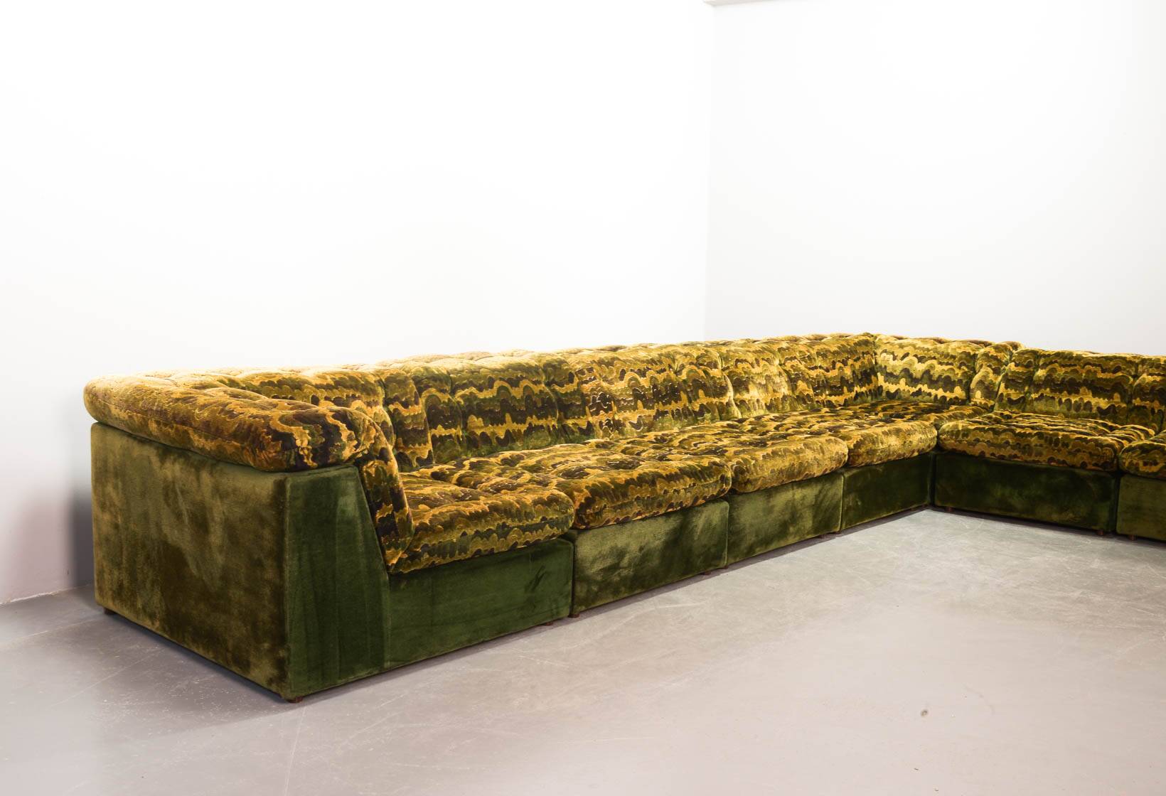 XL Woodstock Style Greenish Velvet Modular Sofa with Ottoman by Laauser 70s