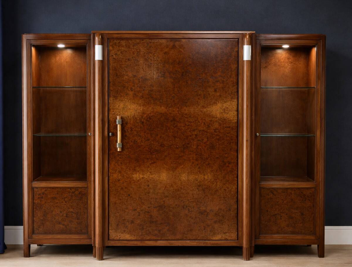 Important Art Deco library in amboyna and mahogany veneer.