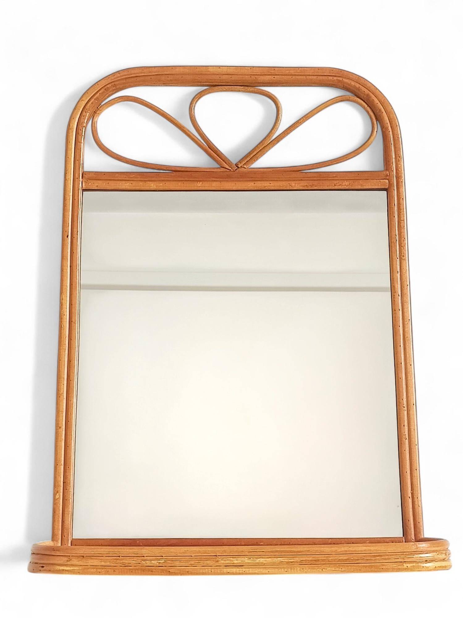 Mid Century French Riviera Rattan and Wicker Mirror With Shelf, Spain, 1960s–70s