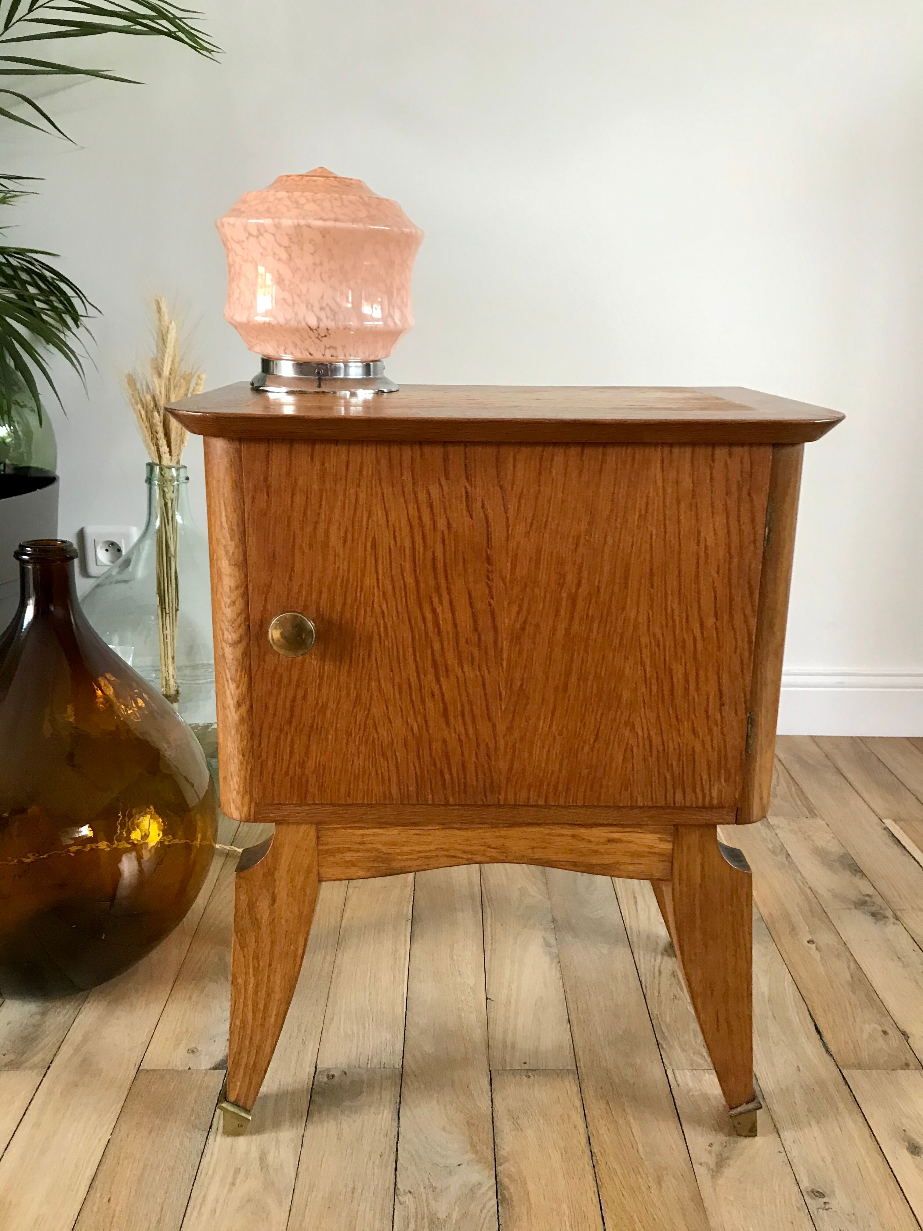 Bedside table in oak and brass 50s