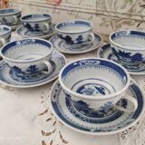 Set of 8 tea cups and sub-cups décor blue Asian landscape