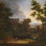 Flemish painting landscape with figures from the 17th century, the apparition of Jesus